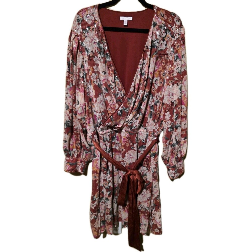 LC Lauren Conrad Dress Plus Size 3X Faux Wrap Sequin Floral Long Sleeve NWOT
